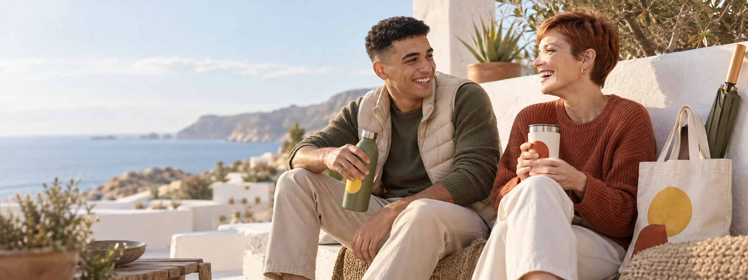 Mediterraan terras met textiel en drinkware